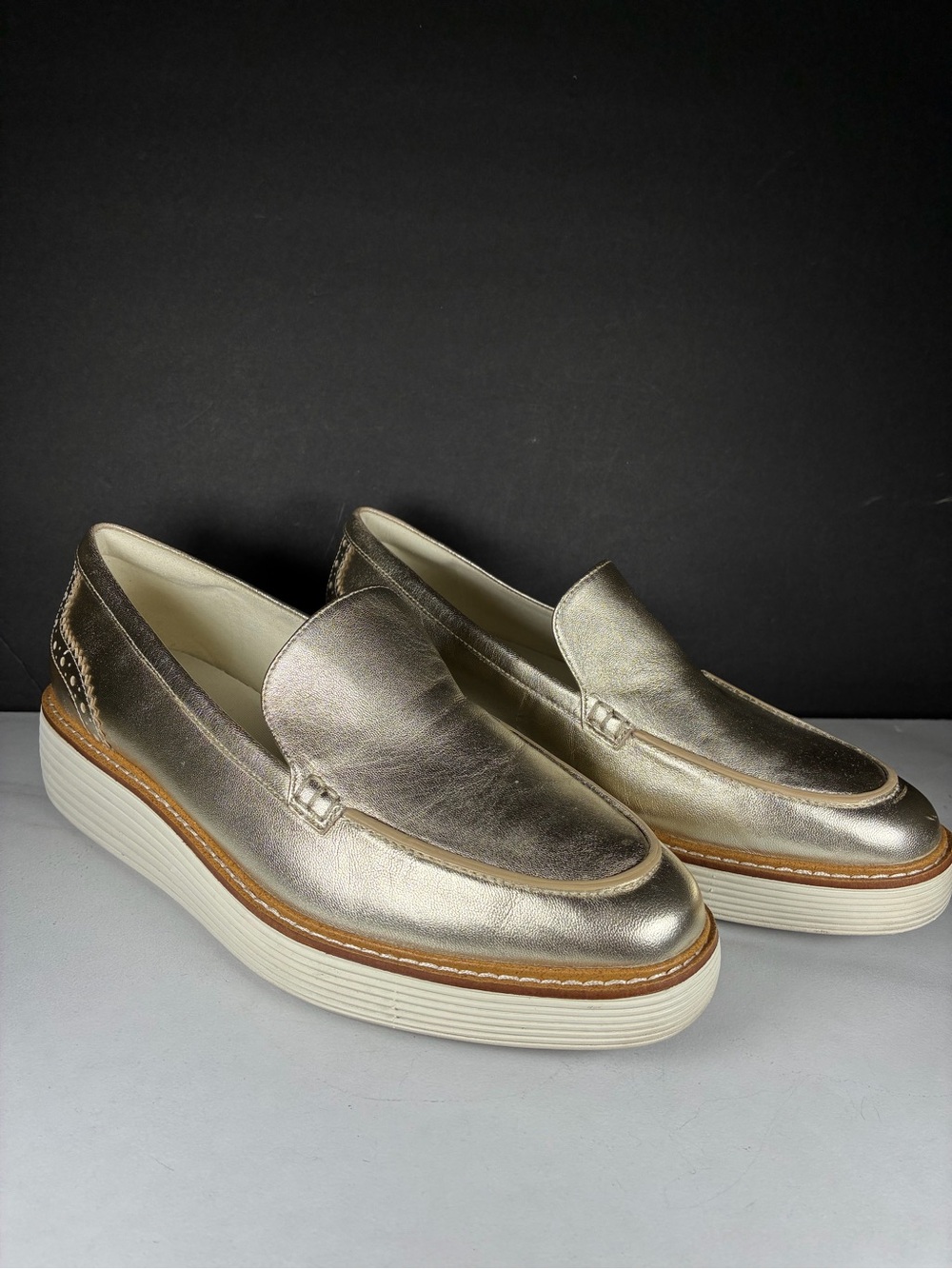 Cole Haan Metallic Gold Premium Leather Platform Loafers